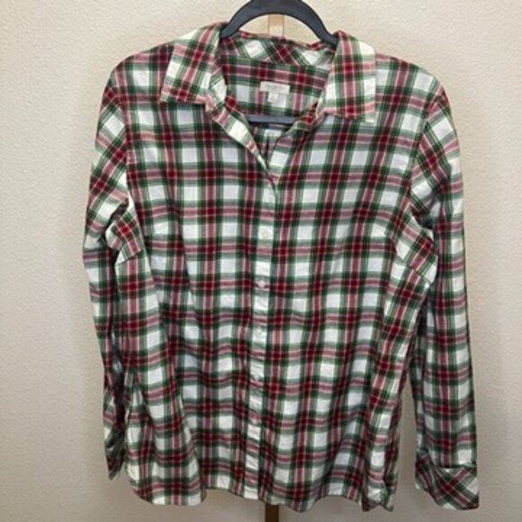 TALBOTS Button Down Shirt White Red Green Plaid Size LP Petite - Picture 2 of 5